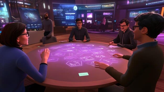A group of people collaborating around a table with screens displaying crypto charts and blockchain diagrams, symbolizing a strong and innovative team.