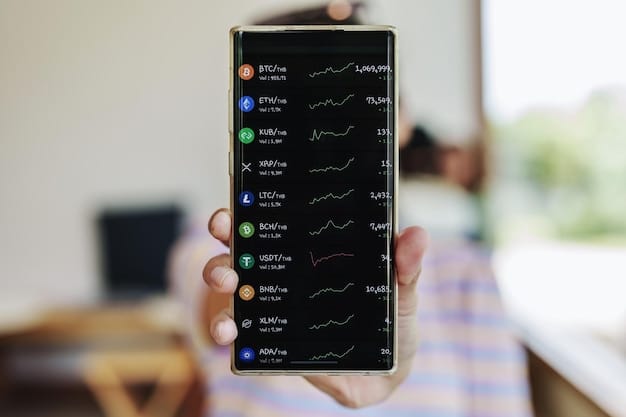 A close-up shot of a smartphone displaying a crypto portfolio tracking app. The app shows various cryptocurrencies, their current prices, and percentage changes. The background is blurred, focusing on the app's interface.