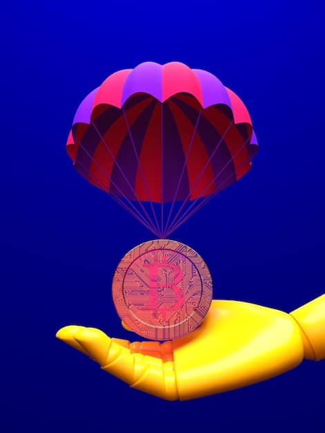 A stylized image of a parachute dropping coins, symbolizing a crypto airdrop, with various cryptocurrencies logos in the background, and the US flag subtly displayed.