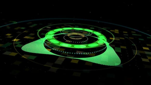 A futuristic rendering of a DeFi platform interface with holographic regulatory icons hovering above it, symbolizing the increasing regulatory oversight on DeFi.