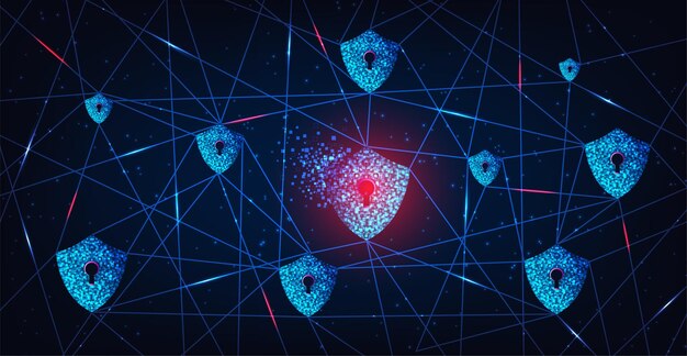 An abstract representation of a security shield overlaid on a network of interconnected blockchains, emphasizing the importance of robust security measures in cross-chain interoperability.