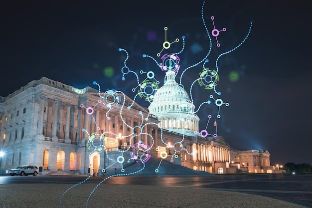An image of the US Capitol Building overlaid with a blockchain network diagram, symbolizing the intersection of blockchain technology and US regulations.