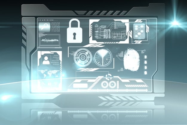 A futuristic interface showing secure authentication and identity verification processes within blockchain technology, used in various sectors like healthcare and finance, with icons representing different industries.