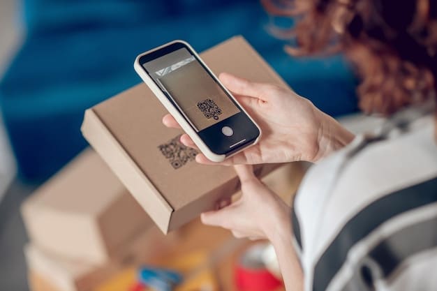 A close-up of a QR code being scanned on a product package, with a smartphone displaying blockchain-verified data like the origin, manufacturing date, and transportation history. The background subtly shows a busy warehouse environment.