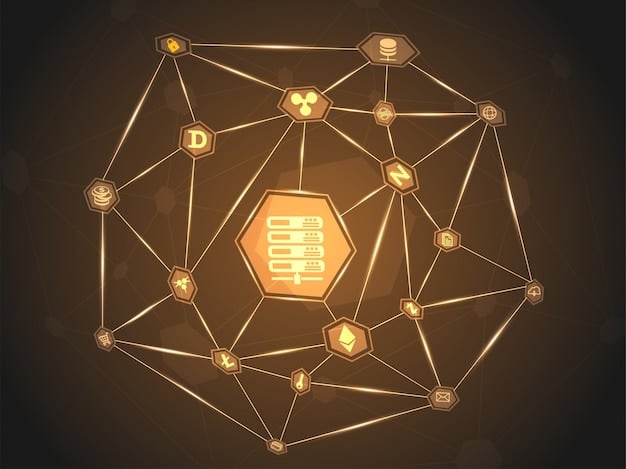 A visual representation of a blockchain: a chain of interconnected blocks, each containing voting data. The blocks are represented in a clean, minimalist style, with padlocks on each block to symbolize security. The background is a network of connected nodes, illustrating the decentralized nature of the system.