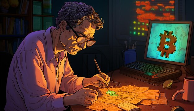 A portrait of a digital artist working on their computer, overlaid with a graphical representation of an NFT being minted and sold on a blockchain, symbolizing the empowerment of artists through NFTs.