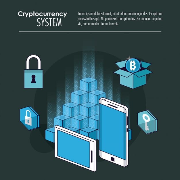 Illustration of a supply chain secured by blockchain, tracking products from origin to consumer in the US, showing data points and secure transactions.