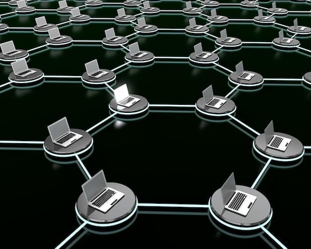 A diagram showing data blocks connected in a chain across multiple computers, symbolizing the decentralized nature of blockchain data storage. Each block contains data and a cryptographic hash linking it to the previous block.