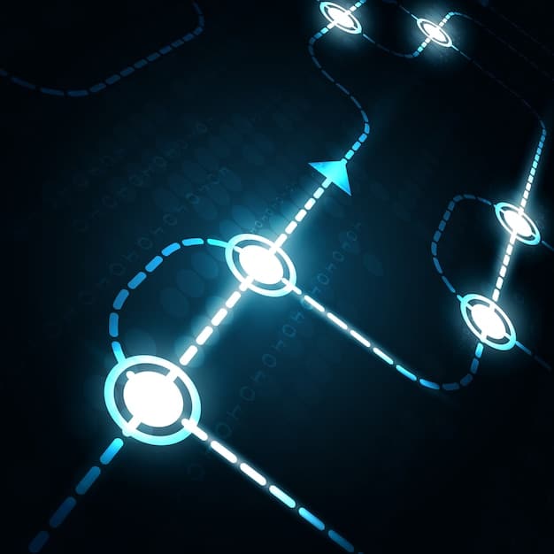 A diagram showing AI algorithms analyzing blockchain data, with arrows indicating the flow of information and the resulting insights.