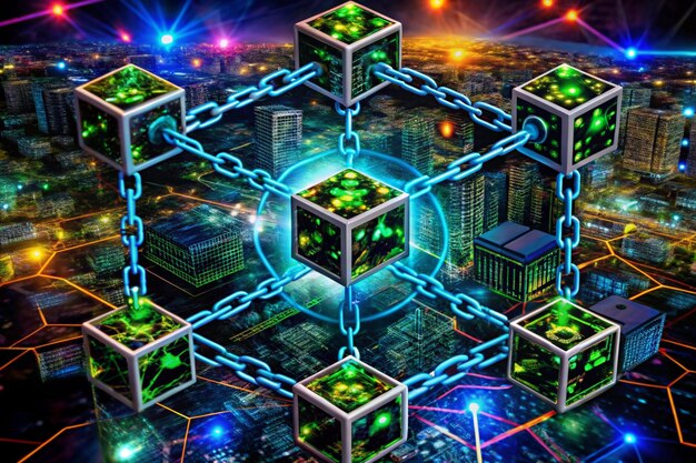 A visual representation of a blockchain network, with each block containing data related to a carbon credit project. Different nodes in the network are represented by icons of stakeholders, such as project developers, verifiers, and investors. The image emphasizes the decentralized and transparent nature of the blockchain system.