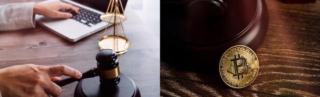 A gavel resting on a pile of legal documents related to cryptocurrency regulations, with a US flag in the background, symbolizing the legal challenges and requirements of compliance for crypto businesses in the USA.
