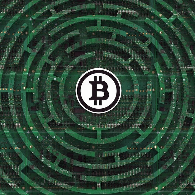 A digital illustration depicting a maze with cryptocurrency logos scattered throughout. A figure stands at the entrance, looking perplexed, symbolizing the challenges of navigating US Cryptocurrency Regulation.