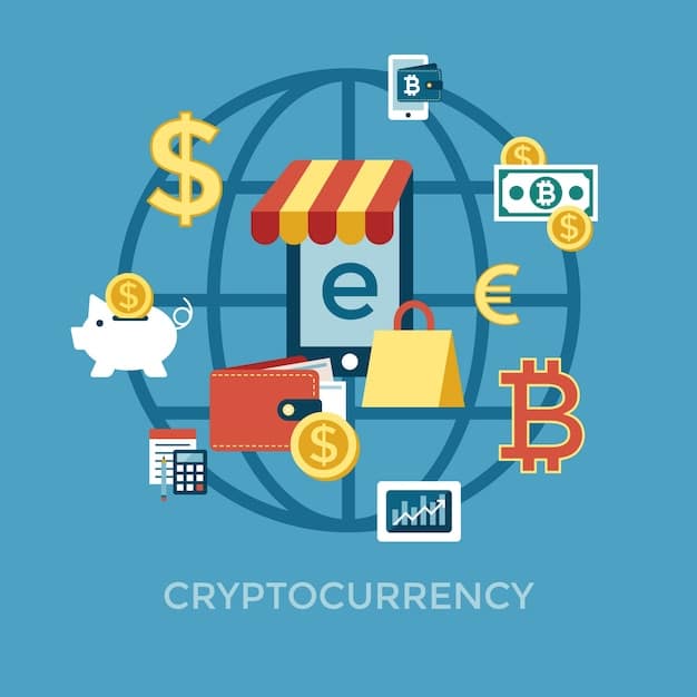 A graphic depicting various cryptocurrency transactions, such as buying, selling, trading, and using crypto for purchases, connected by lines representing taxable events, set against a backdrop of the US flag and financial charts.
