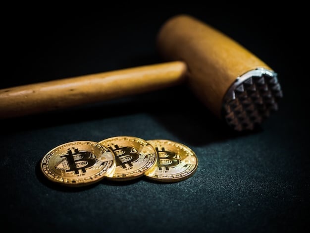 A gavel resting on top of a stack of cryptocurrency coins, symbolizing the legal oversight of digital currencies. The image highlights the intersection of law and cryptocurrency.
