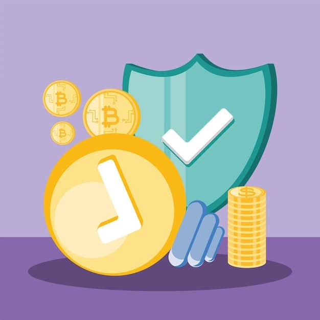 An illustration depicting a shield with a cryptocurrency symbol on it, symbolizing investor protection through regulation. Dollars signs and coins surround the shield.