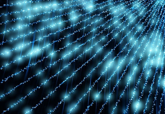 A digital illustration showing data packets moving rapidly through a network represented by shining nodes and connections across a blue background, symbolizing the speed of transactions on the Lightning Network.