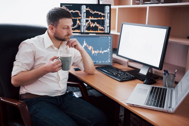 A concerned business professional sitting at a desk, looking at a fluctuating Bitcoin price chart on a computer screen. The image captures the volatility and uncertainty associated with Bitcoin, highlighting the challenges businesses face.