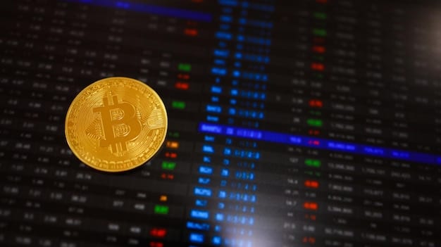 A close-up shot of a Bitcoin symbol superimposed on a stock market ticker display, with numbers fluctuating rapidly.