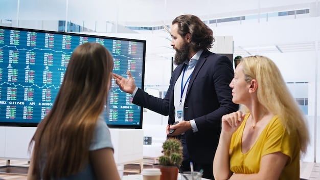 A group of financial analysts discussing Bitcoin charts in a modern office environment, with large screens displaying market data.