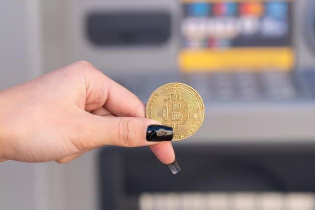 A close-up image of the screen of a Bitcoin ATM, showing clear instructions for purchasing Bitcoin. The screen displays options for entering the amount of cash and verifying the transaction.