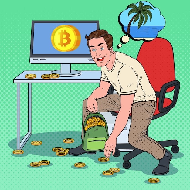 A cartoon depiction of a person looking nervously at a plummeting Bitcoin price chart on their laptop screen.