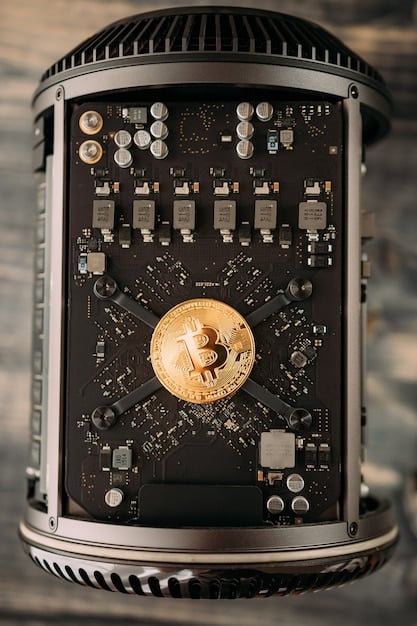 A close-up shot of a Bitcoin mining ASIC chip illustrating the complex circuitry and technology involved in the mining process. The background is blurred, focusing attention on the chip itself and emphasizing its role in energy consumption.