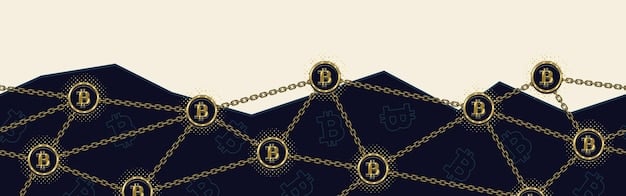 An illustration depicting Bitcoin's blockchain network, showing interconnected blocks and nodes, emphasizing its decentralized and secure nature. The image includes elements representing encryption and data integrity.